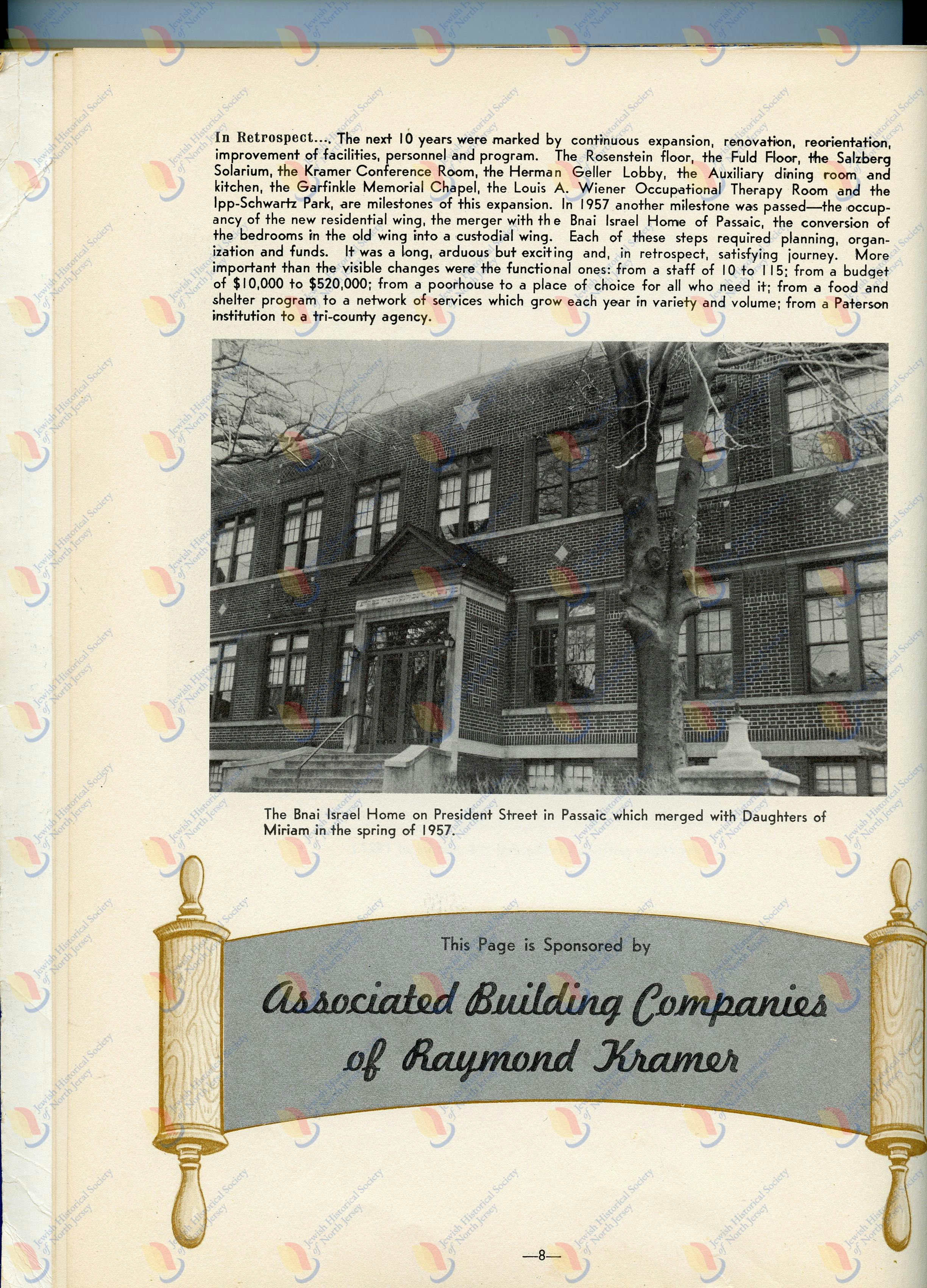 Page 8: page sponsored by Associated Building Companies of Raymond Kramer. . Photo of Bnai Israel Home. Narrative re: expansion and renovation. References to Rosenstein floor, Fuld floor, Salzberf Solariium, Kramer Conference Room, Herman Geller Lobby, Garfinkle Memorial Chapel, Louis A. Weiner OT Room and Ipp Schwartz Park
