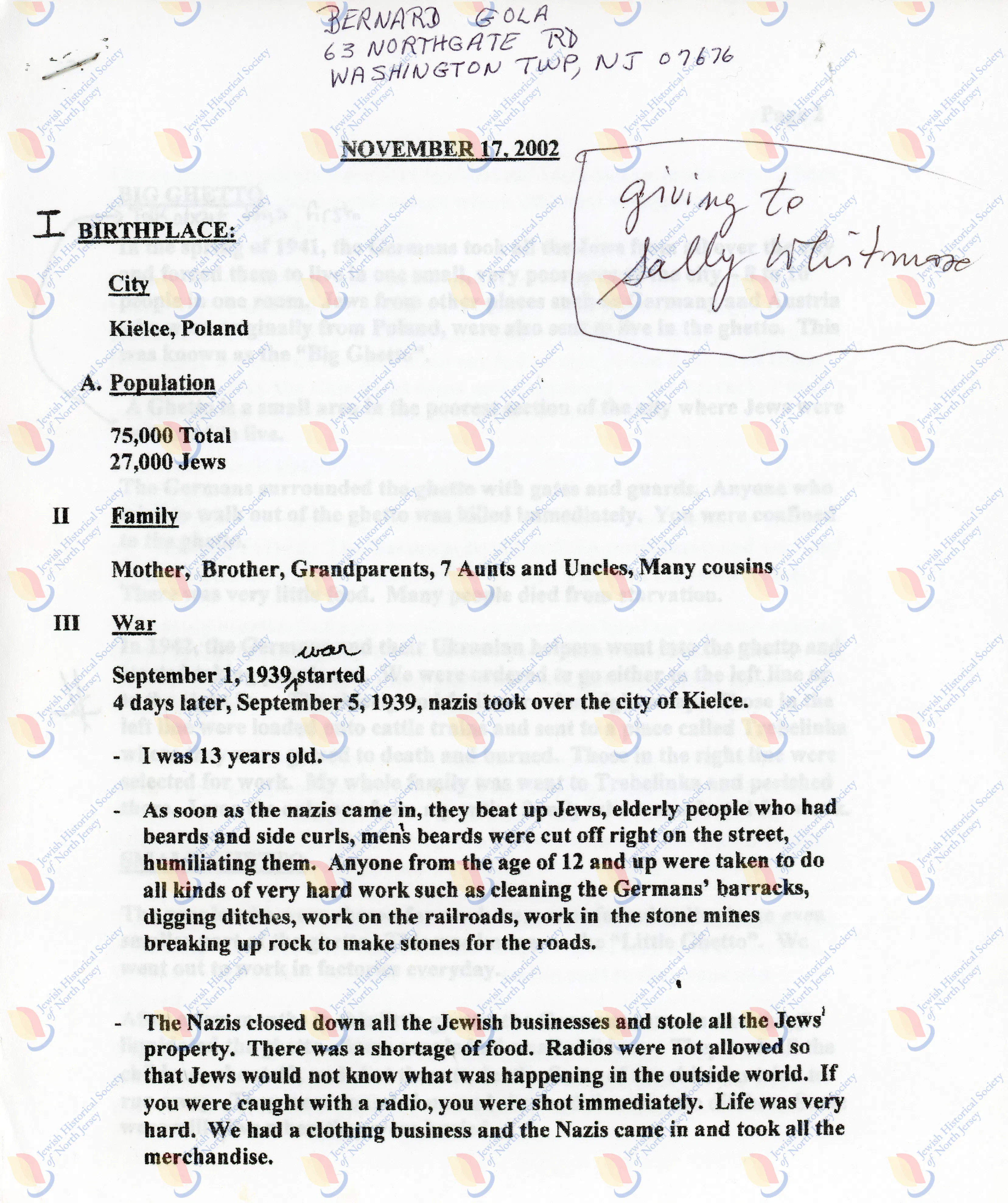 Bernard Gola Memoir, pg 1