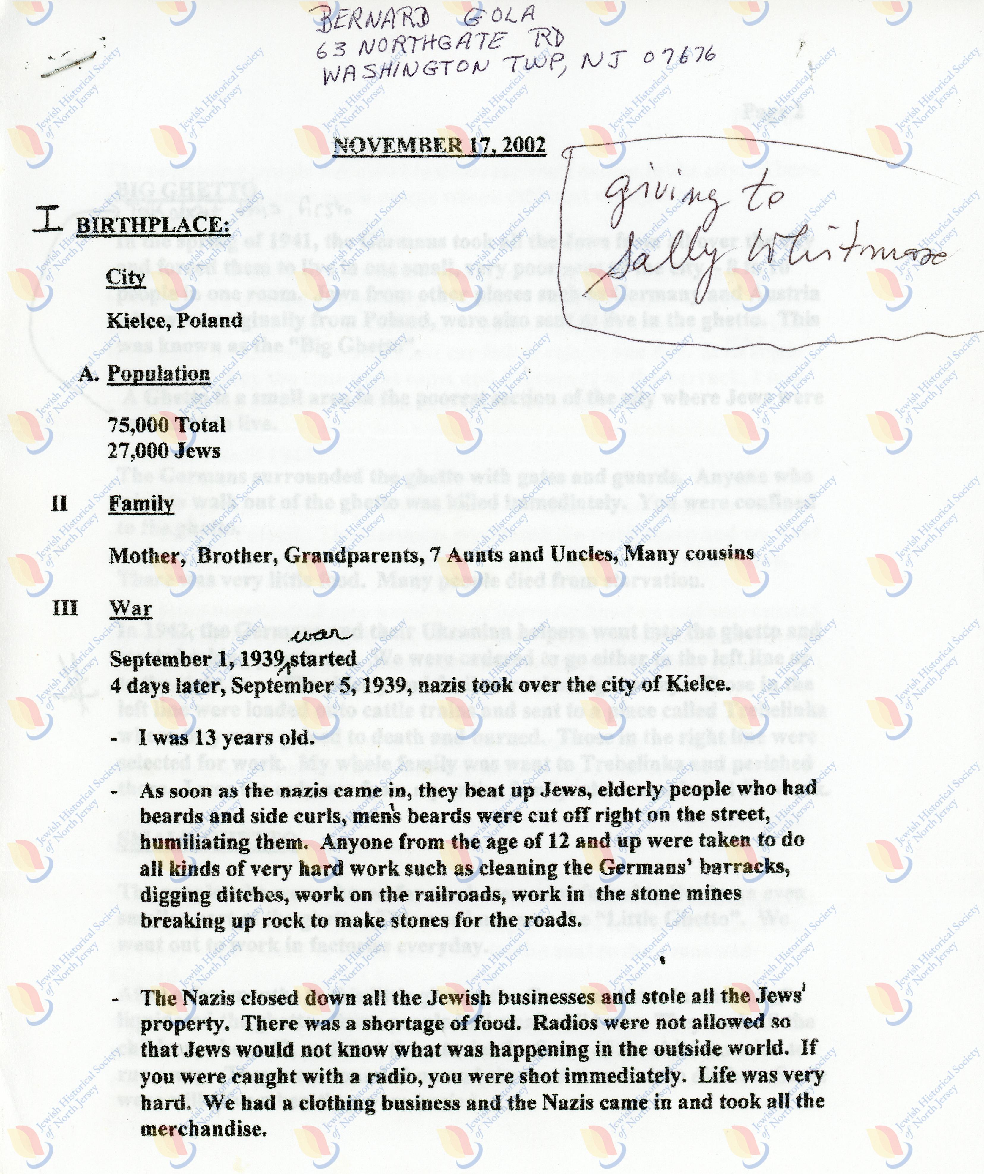 Bernard Gola Memoir, pg 1