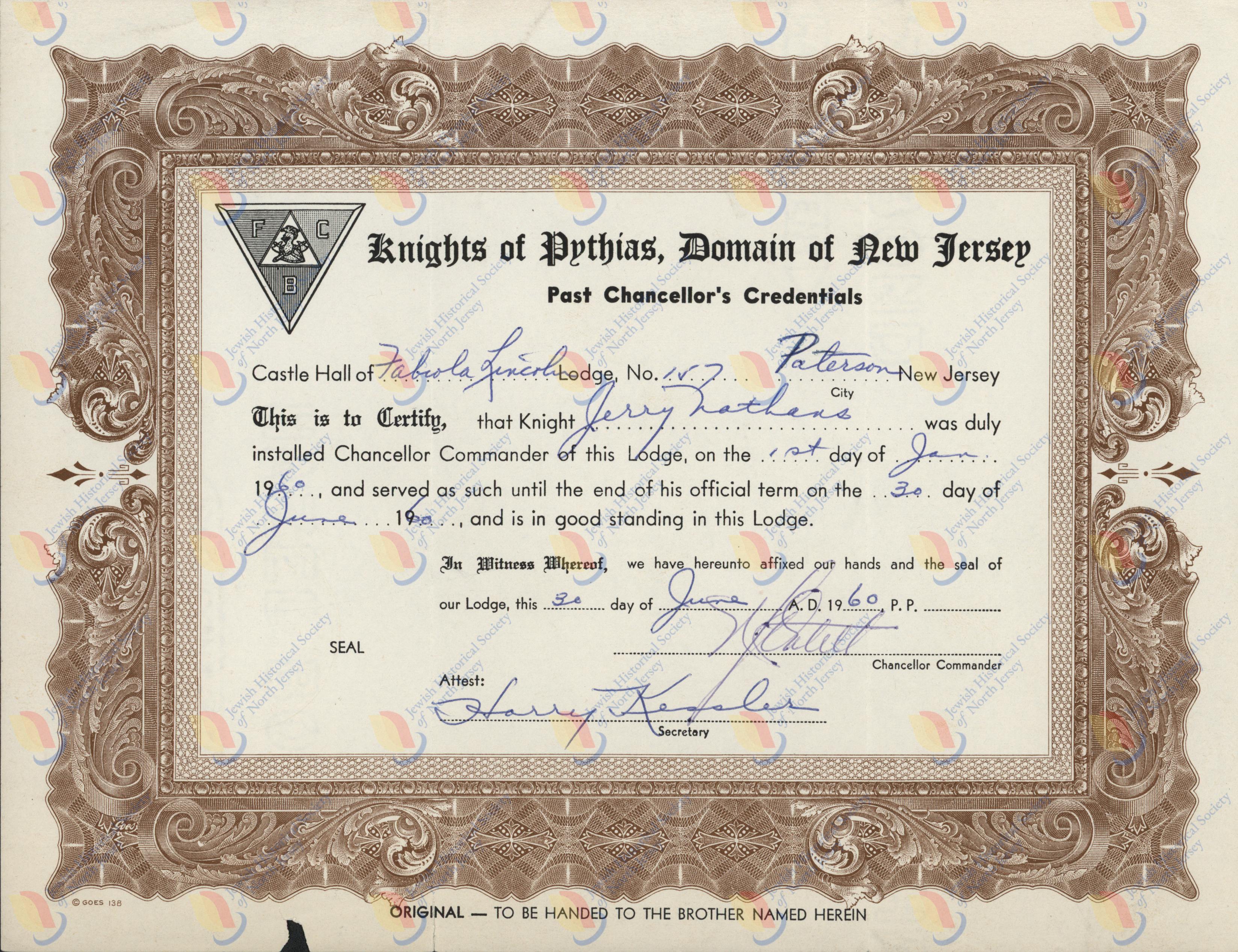 Certificate from Knights of Pythias