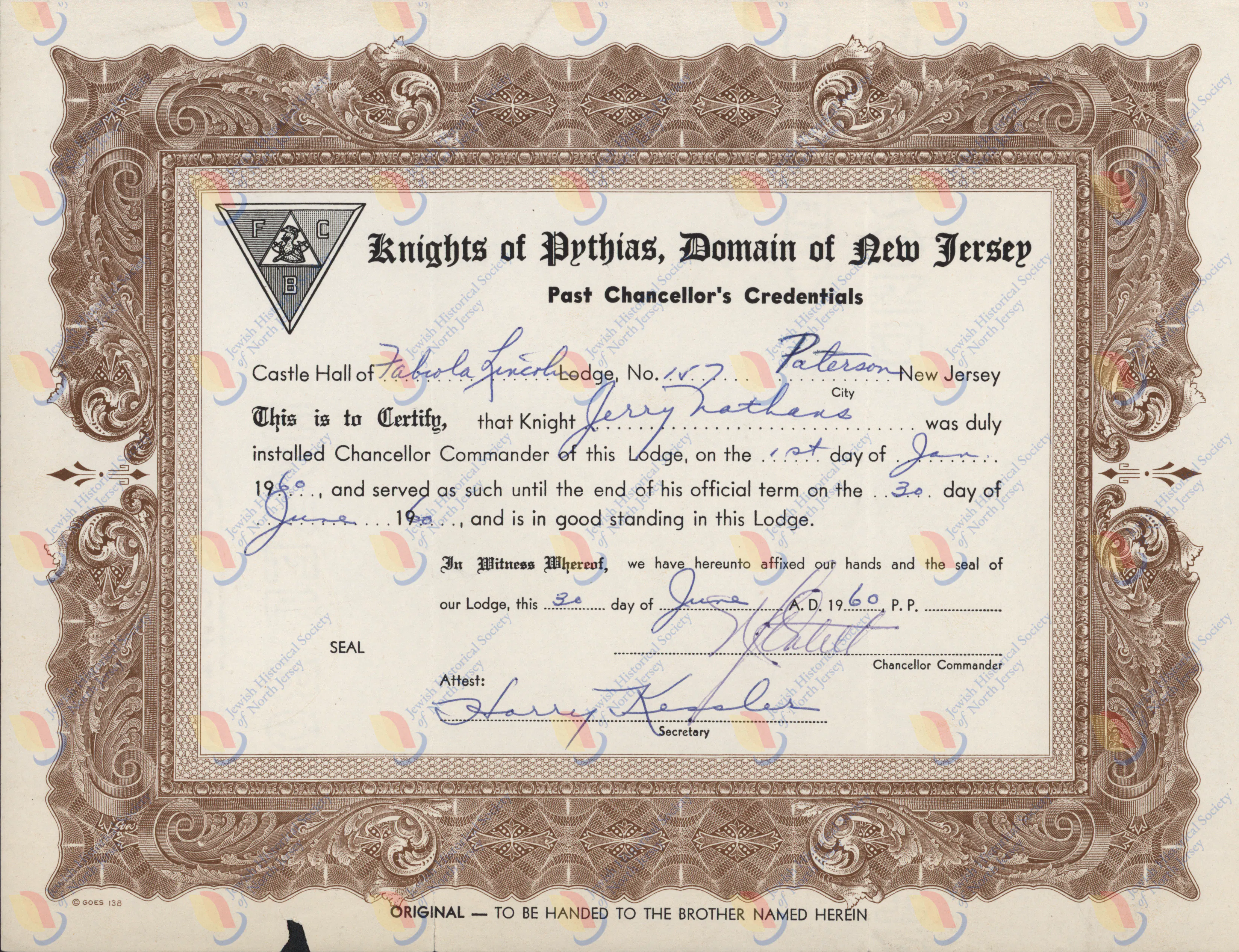Certificate from Knights of Pythias