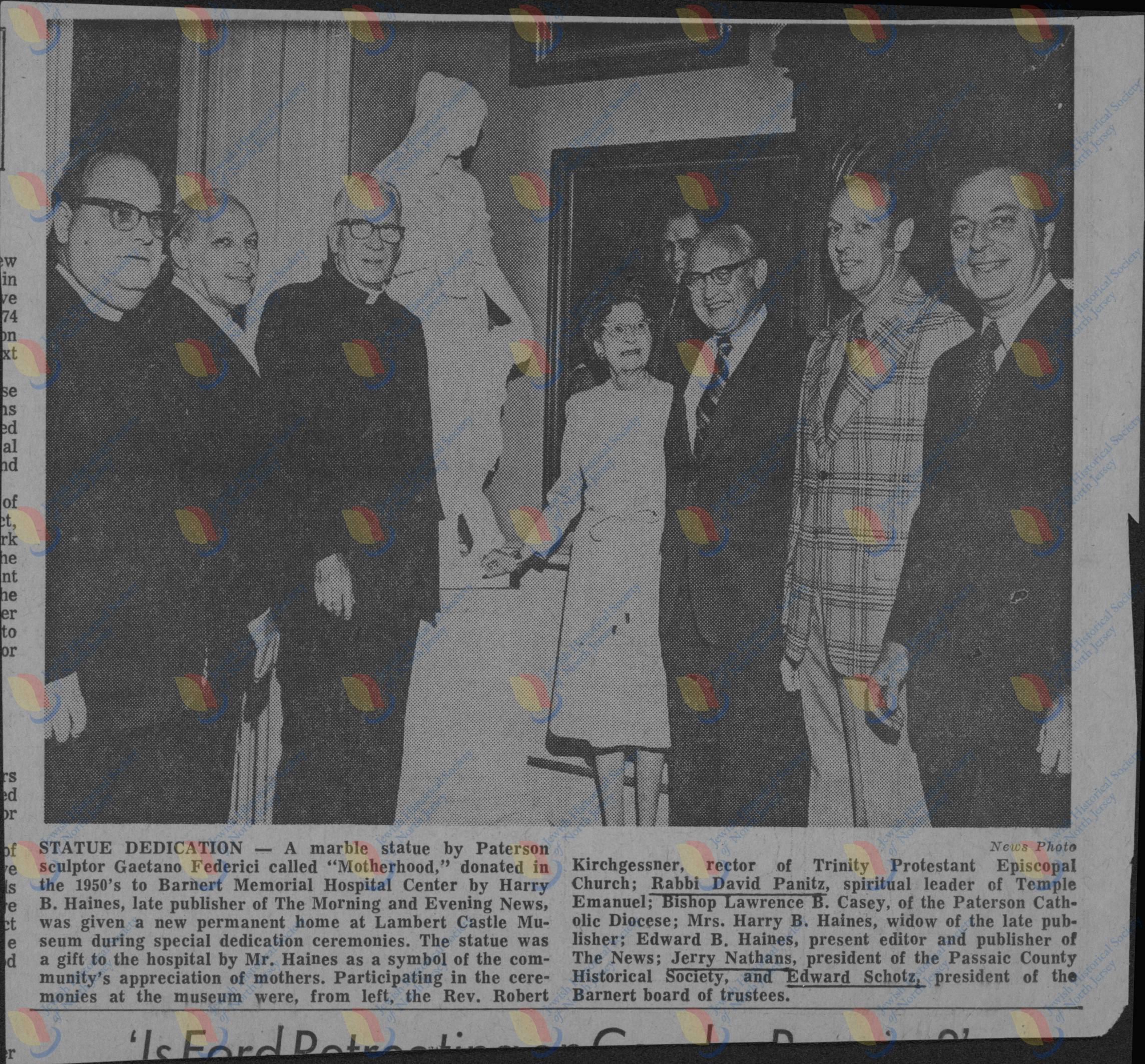 Dedication of "Motherhood" statue upon being installed at Lambert Castle